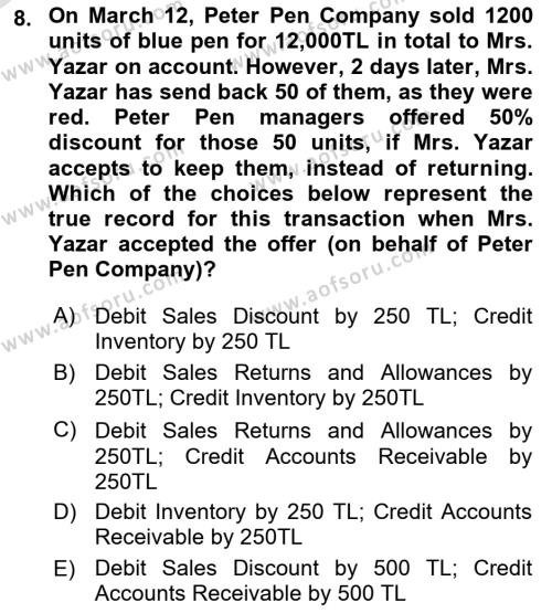 Accounting 1 Dersi 2022 - 2023 Yılı Yaz Okulu Sınavı 8. Soru