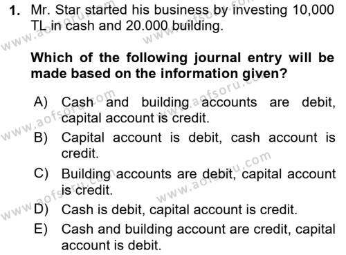 Accounting 1 Dersi 2023 - 2024 Yılı (Vize) Ara Sınavı 1. Soru