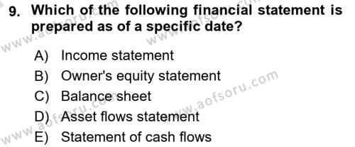 Accounting 1 Dersi 2023 - 2024 Yılı (Vize) Ara Sınavı 9. Soru