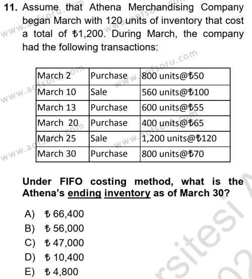 Accounting 1 Dersi 2023 - 2024 Yılı (Final) Dönem Sonu Sınavı 11. Soru