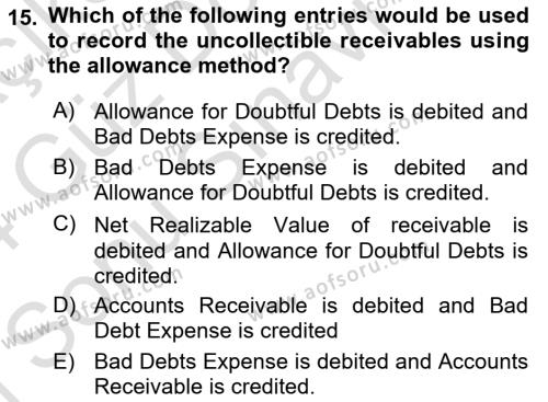 Accounting 1 Dersi 2023 - 2024 Yılı (Final) Dönem Sonu Sınavı 15. Soru