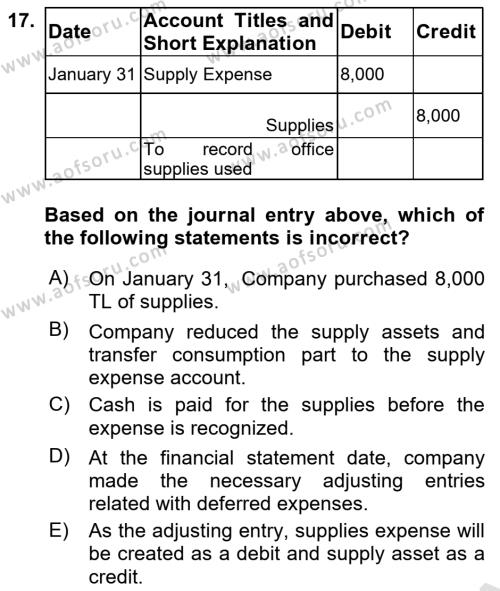 Accounting 1 Dersi 2023 - 2024 Yılı (Final) Dönem Sonu Sınavı 17. Soru
