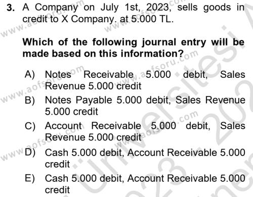 Accounting 1 Dersi 2023 - 2024 Yılı (Final) Dönem Sonu Sınavı 3. Soru