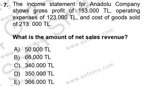 Accounting 1 Dersi 2023 - 2024 Yılı (Final) Dönem Sonu Sınavı 7. Soru