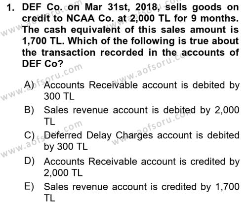 Accounting 1 Dersi 2023 - 2024 Yılı Yaz Okulu Sınavı 1. Soru