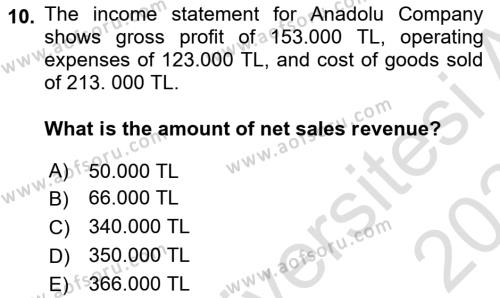 Accounting 1 Dersi 2023 - 2024 Yılı Yaz Okulu Sınavı 10. Soru