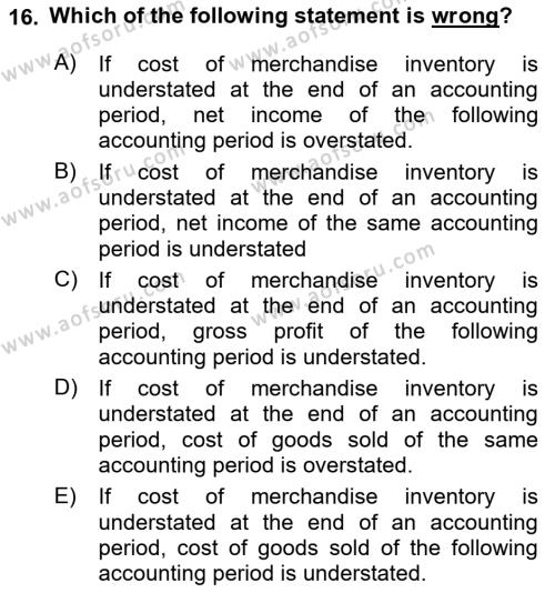 Accounting 1 Dersi 2023 - 2024 Yılı Yaz Okulu Sınavı 16. Soru