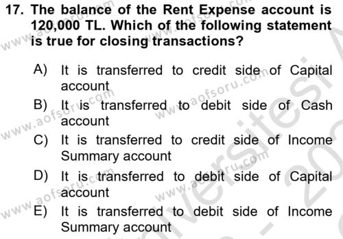 Accounting 1 Dersi 2023 - 2024 Yılı Yaz Okulu Sınavı 17. Soru
