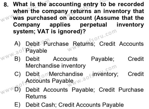 Accounting 1 Dersi 2023 - 2024 Yılı Yaz Okulu Sınavı 8. Soru