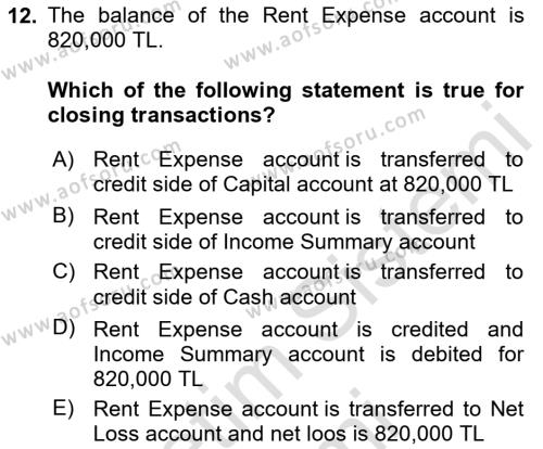 Accounting 1 Dersi 2024 - 2025 Yılı (Vize) Ara Sınavı 12. Soru