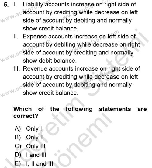 Accounting 1 Dersi 2024 - 2025 Yılı (Vize) Ara Sınavı 5. Soru