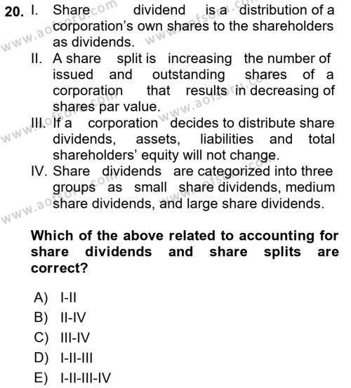 Accounting 2 Dersi 2018 - 2019 Yılı (Final) Dönem Sonu Sınavı 20. Soru