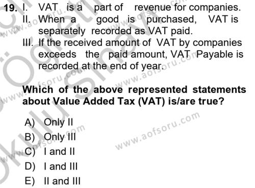 Accounting 2 Dersi 2018 - 2019 Yılı Yaz Okulu Sınavı 19. Soru