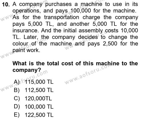 Accounting 2 Dersi 2020 - 2021 Yılı Yaz Okulu Sınavı 10. Soru
