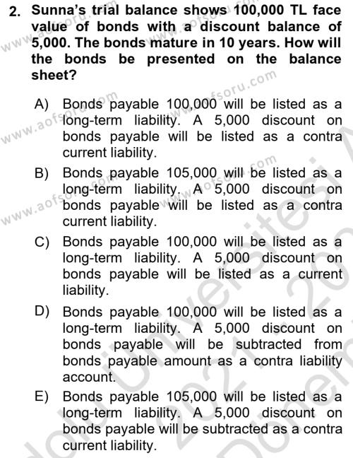 Accounting 2 Dersi 2021 - 2022 Yılı (Final) Dönem Sonu Sınavı 2. Soru