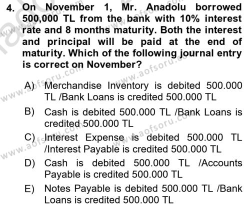 Accounting 2 Dersi 2021 - 2022 Yılı Yaz Okulu Sınavı 4. Soru