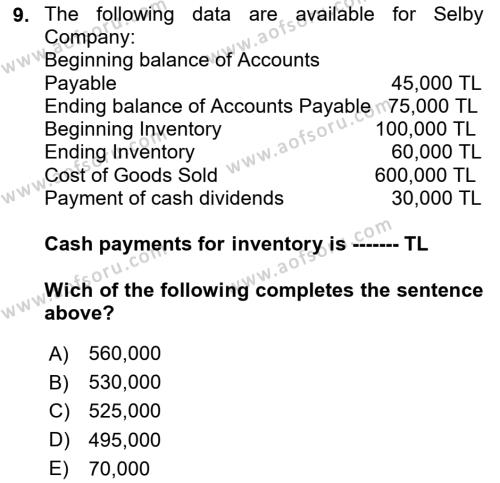 Accounting 2 Dersi 2021 - 2022 Yılı Yaz Okulu Sınavı 9. Soru