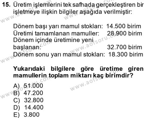 Maliyet Muhasebesi Dersi 2013 - 2014 Yılı (Final) Dönem Sonu Sınavı 15. Soru