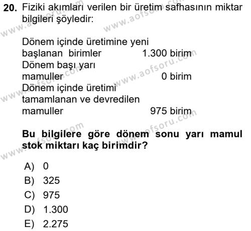 Maliyet Muhasebesi Dersi 2023 - 2024 Yılı Yaz Okulu Sınavı 20. Soru