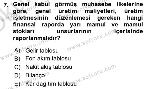 Maliyet Muhasebesi Dersi 2023 - 2024 Yılı Yaz Okulu Sınavı 7. Soru