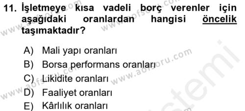 Muhasebe Denetimi ve Mali Analiz Dersi 2017 - 2018 Yılı 3 Ders Sınavı 11. Soru