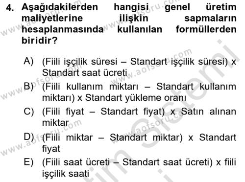 Maliyet Ve Yönetim Muhasebesi Dersi 2021 - 2022 Yılı (Final) Dönem Sonu Sınavı 4. Soru