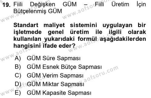 Maliyet Ve Yönetim Muhasebesi Dersi 2023 - 2024 Yılı (Vize) Ara Sınavı 19. Soru