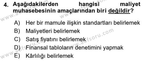 Maliyet Ve Yönetim Muhasebesi Dersi 2023 - 2024 Yılı (Final) Dönem Sonu Sınavı 4. Soru