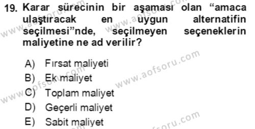 Maliyet Ve Yönetim Muhasebesi Dersi 2023 - 2024 Yılı Yaz Okulu Sınavı 19. Soru