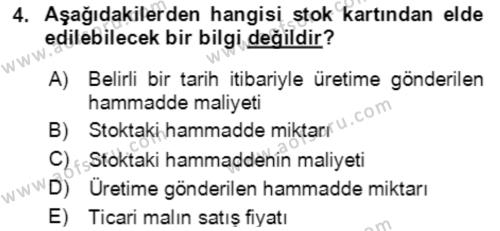 Maliyet Ve Yönetim Muhasebesi Dersi 2023 - 2024 Yılı Yaz Okulu Sınavı 4. Soru