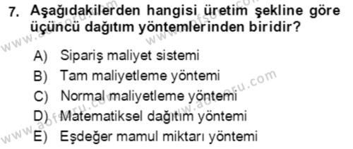 Maliyet Ve Yönetim Muhasebesi Dersi 2023 - 2024 Yılı Yaz Okulu Sınavı 7. Soru