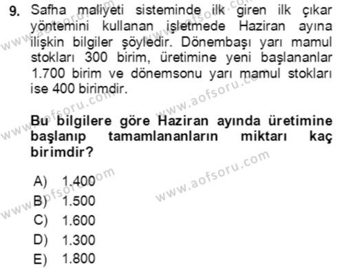 Maliyet Ve Yönetim Muhasebesi Dersi 2023 - 2024 Yılı Yaz Okulu Sınavı 9. Soru