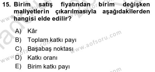 Havacılık İşletmelerinde Muhasebe Uygulamaları Dersi 2020 - 2021 Yılı Yaz Okulu Sınavı 15. Soru