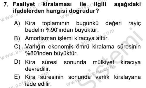 Havacılık İşletmelerinde Muhasebe Uygulamaları Dersi 2020 - 2021 Yılı Yaz Okulu Sınavı 7. Soru