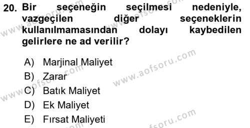 Sağlık Kurumlarında Maliyet Muhasebesi Dersi 2018 - 2019 Yılı Yaz Okulu Sınavı 20. Soru