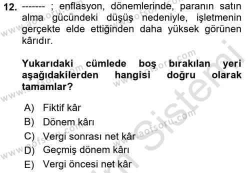 Sağlık Kurumlarında Maliyet Muhasebesi Dersi 2022 - 2023 Yılı Yaz Okulu Sınavı 12. Soru