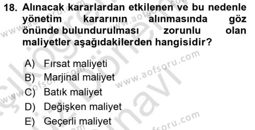 Sağlık Kurumlarında Maliyet Muhasebesi Dersi 2023 - 2024 Yılı (Final) Dönem Sonu Sınavı 18. Soru