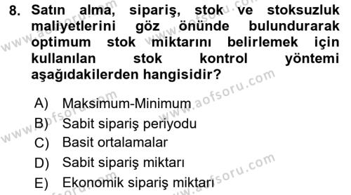 Sağlık Kurumlarında Maliyet Muhasebesi Dersi 2023 - 2024 Yılı (Final) Dönem Sonu Sınavı 8. Soru