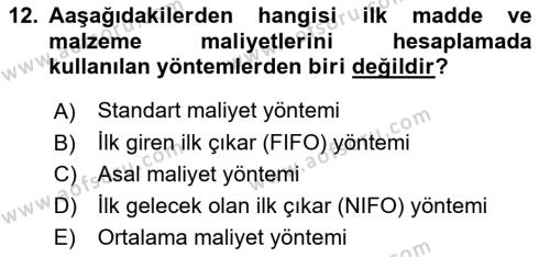 Sağlık Kurumlarında Maliyet Muhasebesi Dersi 2023 - 2024 Yılı Yaz Okulu Sınavı 12. Soru