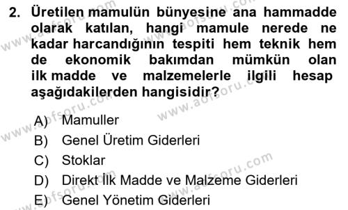 Sağlık Kurumlarında Maliyet Muhasebesi Dersi 2023 - 2024 Yılı Yaz Okulu Sınavı 2. Soru