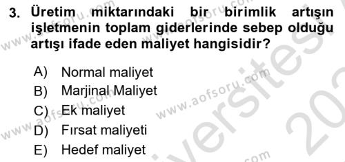 Sağlık Kurumlarında Maliyet Muhasebesi Dersi 2023 - 2024 Yılı Yaz Okulu Sınavı 3. Soru