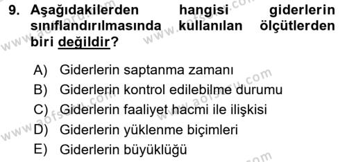 Sağlık Kurumlarında Maliyet Muhasebesi Dersi 2023 - 2024 Yılı Yaz Okulu Sınavı 9. Soru