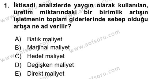 Sağlık Kurumlarında Maliyet Muhasebesi Dersi 2024 - 2025 Yılı (Vize) Ara Sınavı 1. Soru