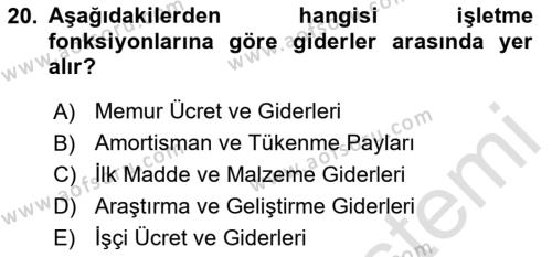 Sağlık Kurumlarında Maliyet Muhasebesi Dersi 2024 - 2025 Yılı (Vize) Ara Sınavı 20. Soru