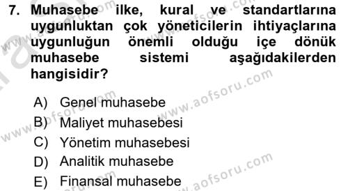 Sağlık Kurumlarında Maliyet Muhasebesi Dersi 2024 - 2025 Yılı (Vize) Ara Sınavı 7. Soru