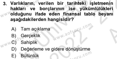 Muhasebe Denetimi Dersi 2022 - 2023 Yılı (Vize) Ara Sınavı 3. Soru