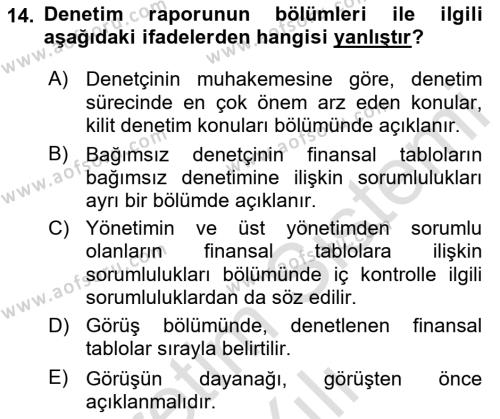 Muhasebe Denetimi Dersi 2022 - 2023 Yılı Yaz Okulu Sınavı 14. Soru