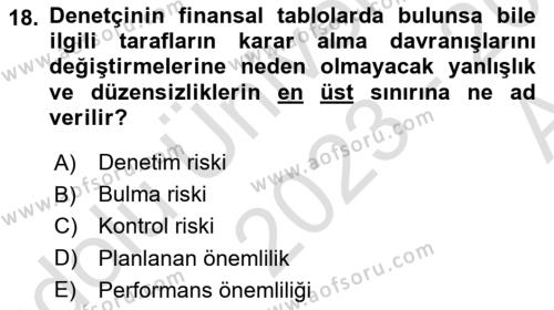 Muhasebe Denetimi Dersi 2023 - 2024 Yılı (Vize) Ara Sınavı 18. Soru