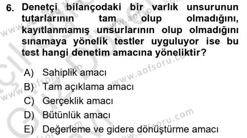 Muhasebe Denetimi Dersi 2023 - 2024 Yılı (Vize) Ara Sınavı 6. Soru