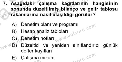 Muhasebe Denetimi Dersi 2023 - 2024 Yılı (Vize) Ara Sınavı 7. Soru